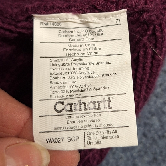 Carhartt "Purple" Knit Brim Casual Beanie, One Size, RN#14806, WA027 BGP - Picture 2 of 9